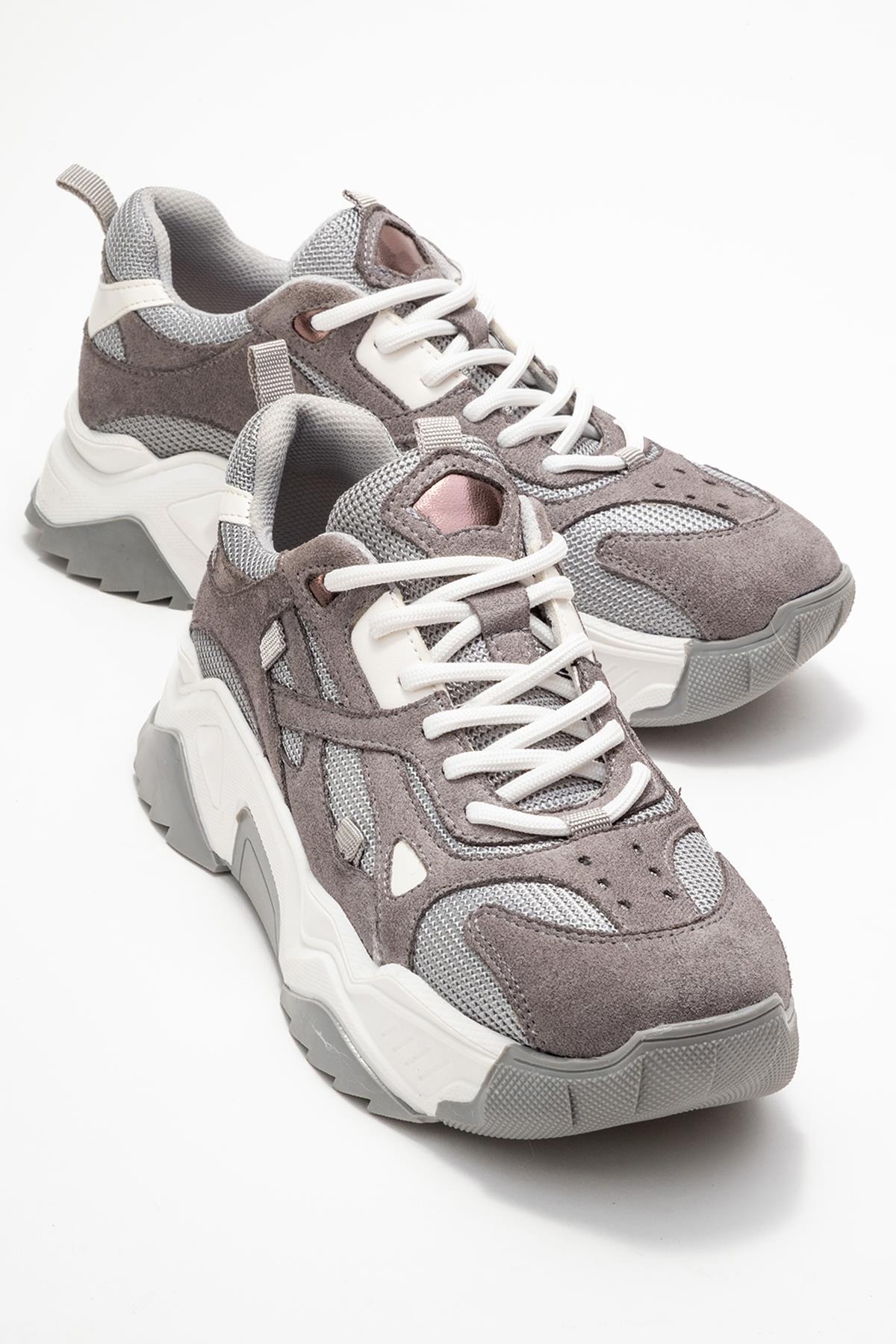 Loretta - Gray Suede Sneaker – front three-quarter view showing leather, suede, Vowalisse