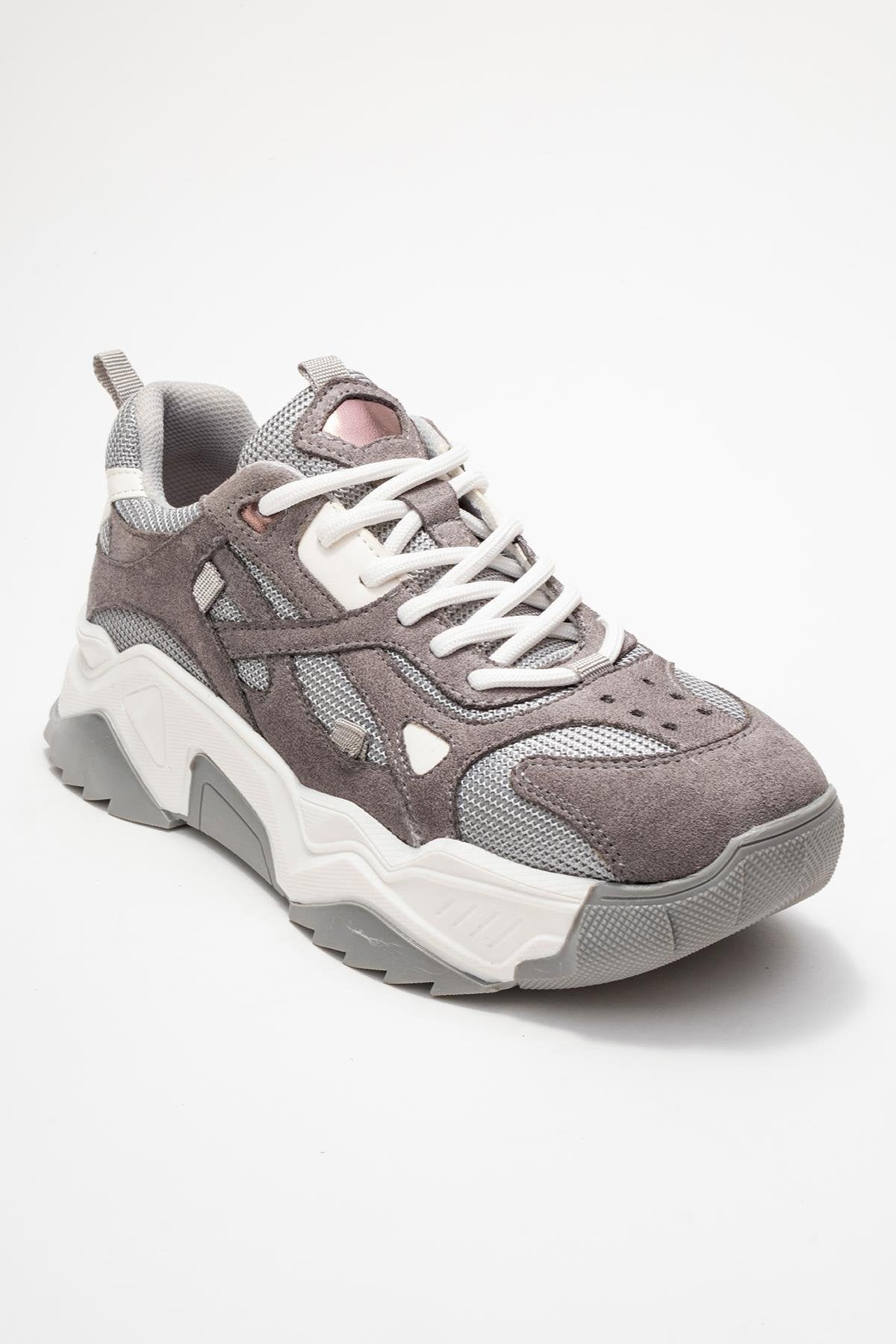 Loretta - Gray Suede Sneaker – detail view showing leather, suede, Vowalisse