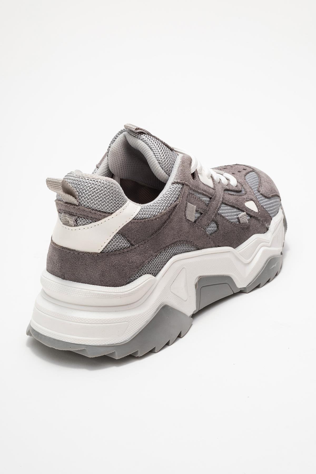 Loretta - Gray Suede Sneaker – back view showing leather, suede, Vowalisse
