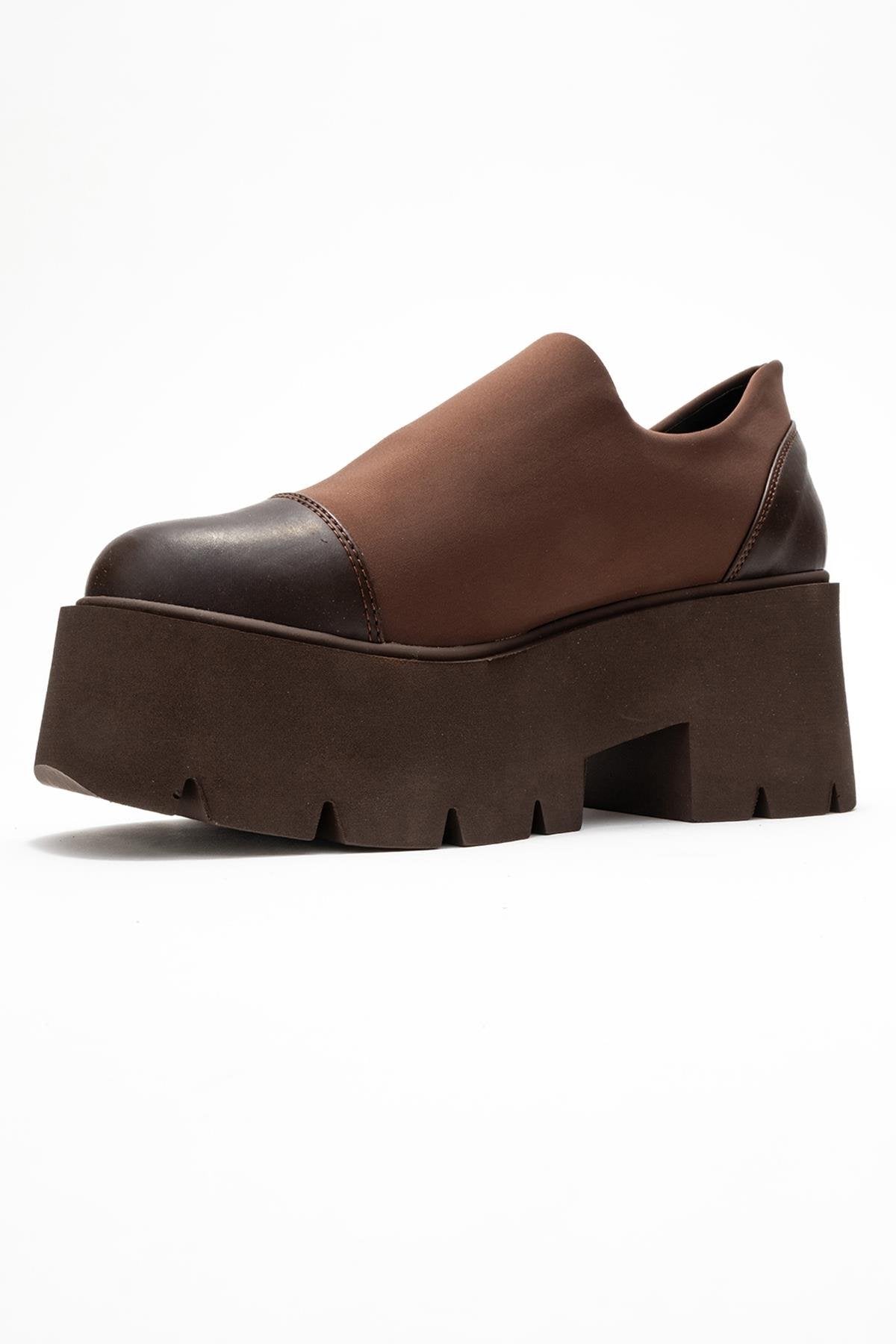 Grena - Brown Scuba Platform Casual Shoe – heel view showing leather, Vowalisse