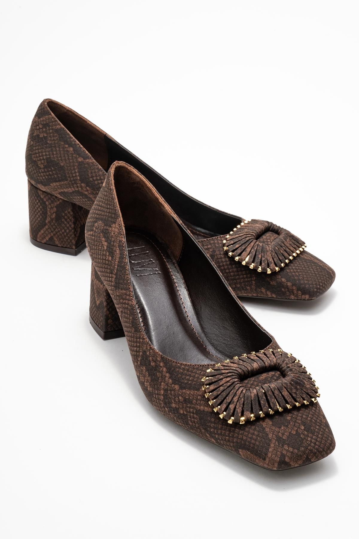 Velora - Brown Patterned Buckled Block Heel Shoe – front three-quarter view showing leather, Vowalisse