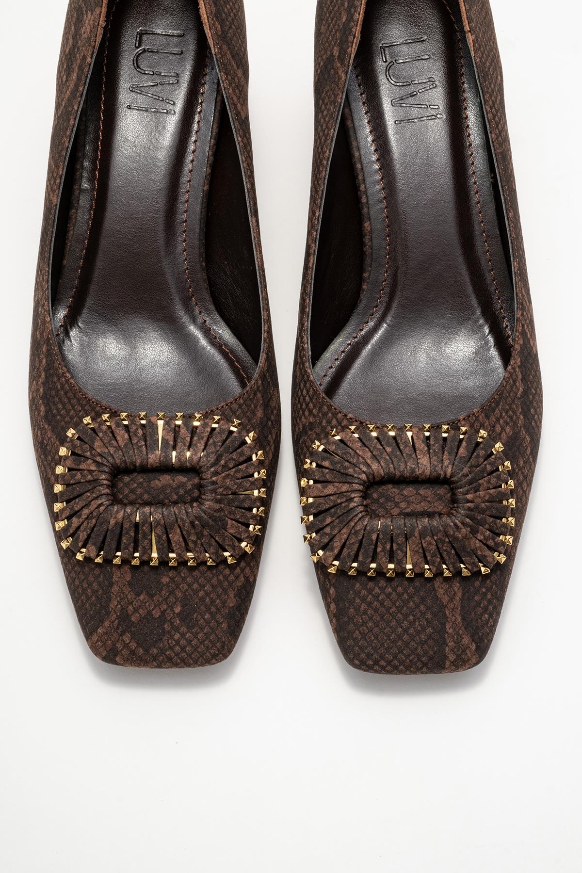 Velora - Brown Patterned Buckled Block Heel Shoe – side view showing leather, Vowalisse