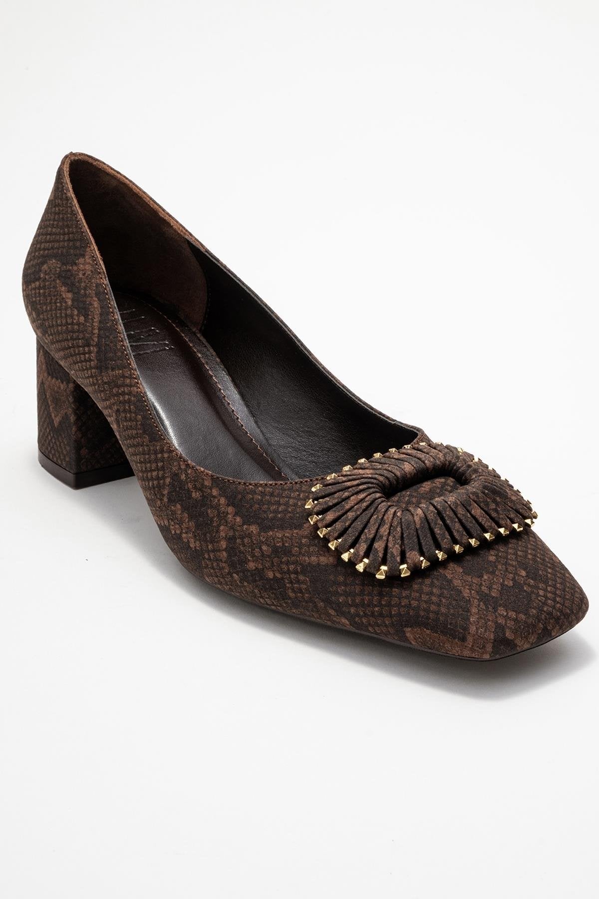 Velora - Brown Patterned Buckled Block Heel Shoe – detail view showing leather, Vowalisse
