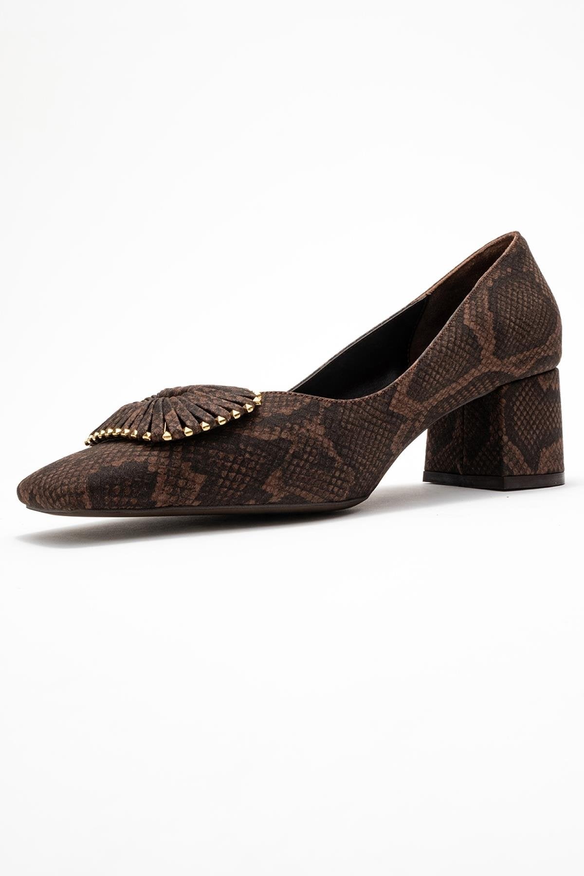 Velora - Brown Patterned Buckled Block Heel Shoe – heel view showing leather, Vowalisse
