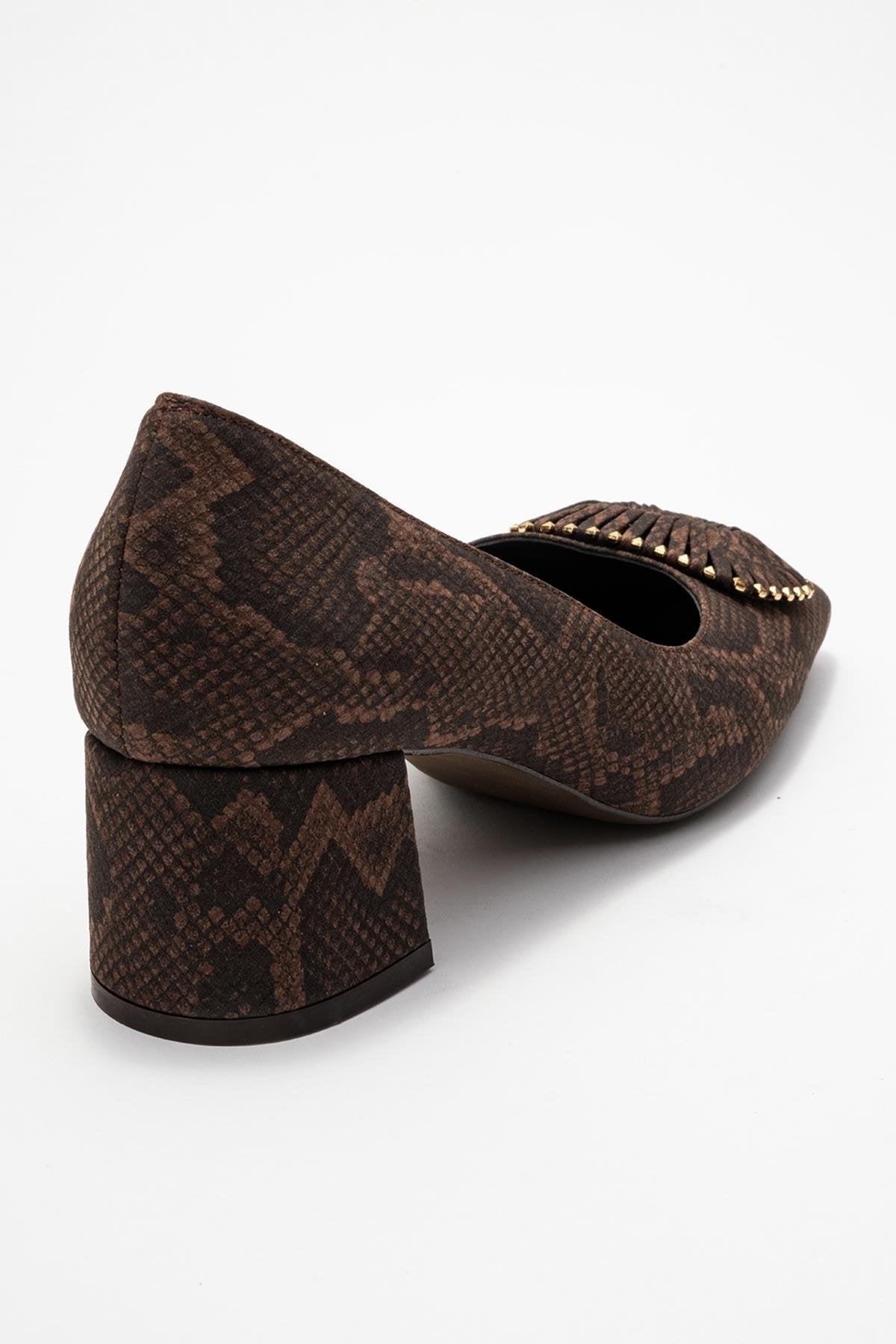 Velora - Brown Patterned Buckled Block Heel Shoe – back view showing leather, Vowalisse