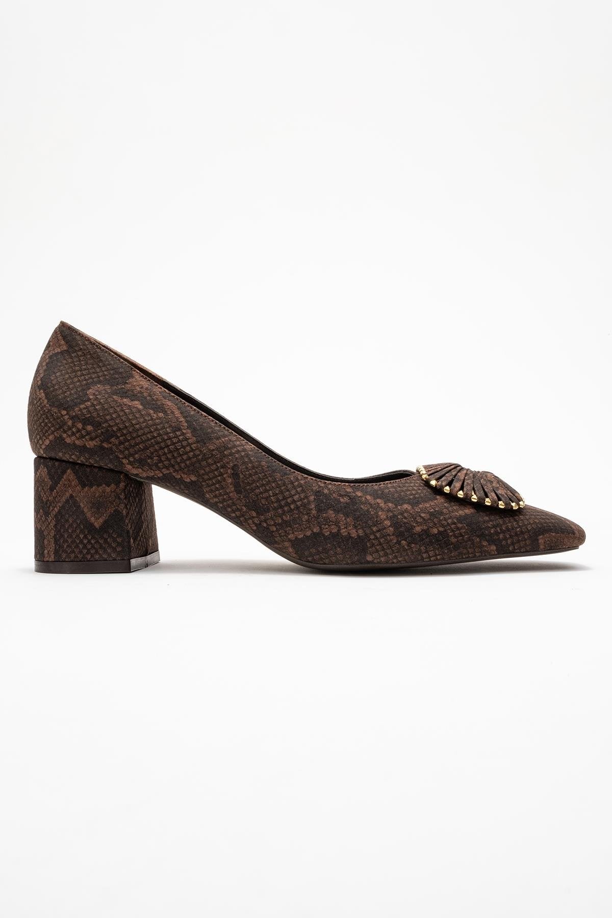 Velora - Brown Patterned Buckled Block Heel Shoe – top view showing leather, Vowalisse