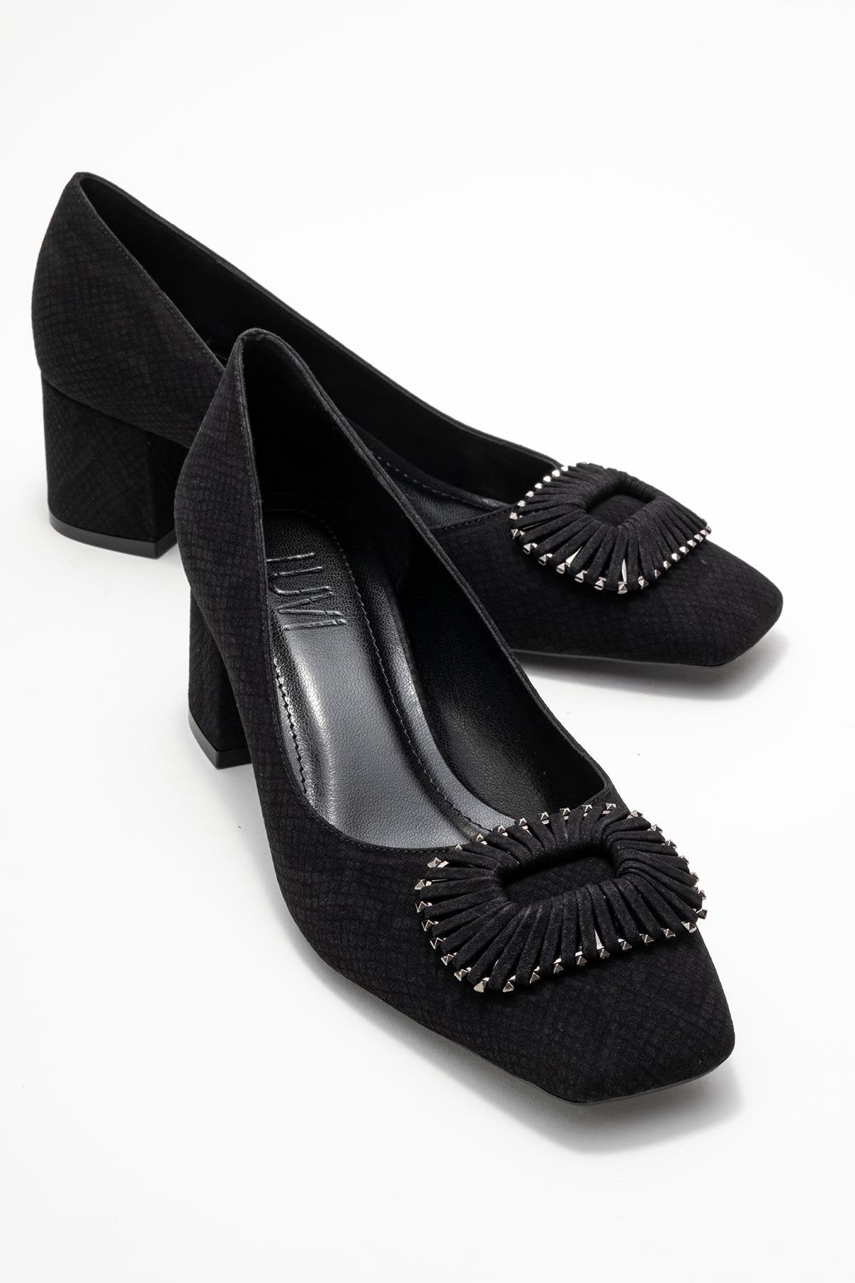 Velora - Black Patterned Buckled Block Heel Shoe – front three-quarter view showing leather, black, Vowalisse