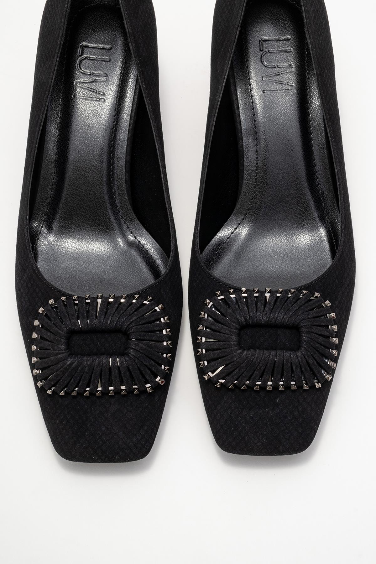 Velora - Black Patterned Buckled Block Heel Shoe – side view showing leather, black, Vowalisse