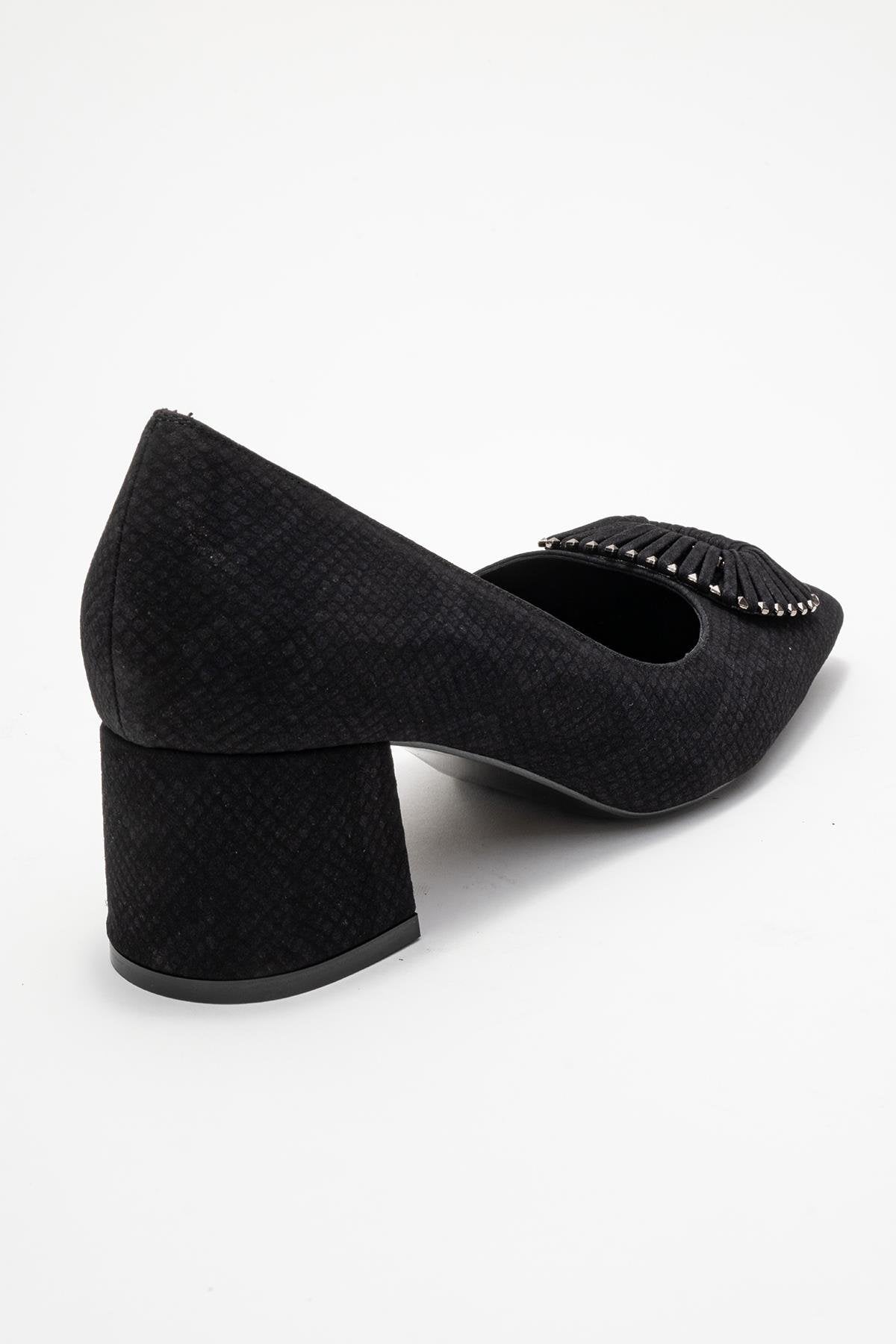 Velora - Black Patterned Buckled Block Heel Shoe – back view showing leather, black, Vowalisse