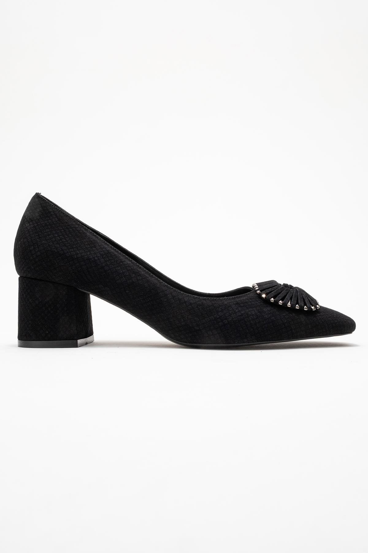 Velora - Black Patterned Buckled Block Heel Shoe – top view showing leather, black, Vowalisse