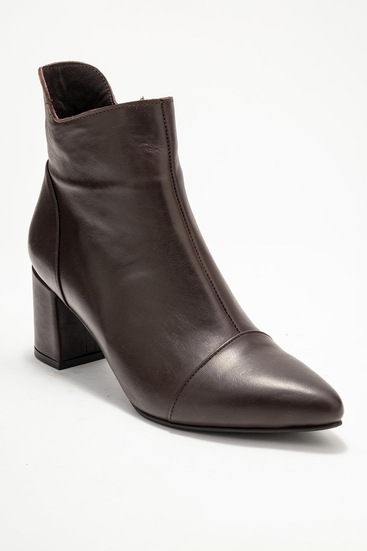 Gael - Brown Genuine Leather Block Heel Boot – detail view showing leather, Vowalisse