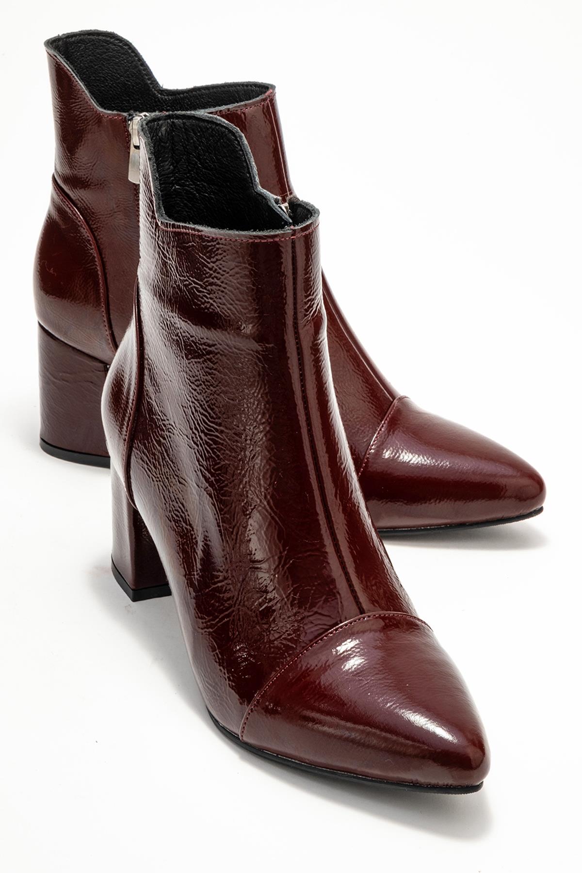Gael - Burgundy Patent Genuine Leather Block Heel Boot – front three-quarter view showing leather, Vowalisse