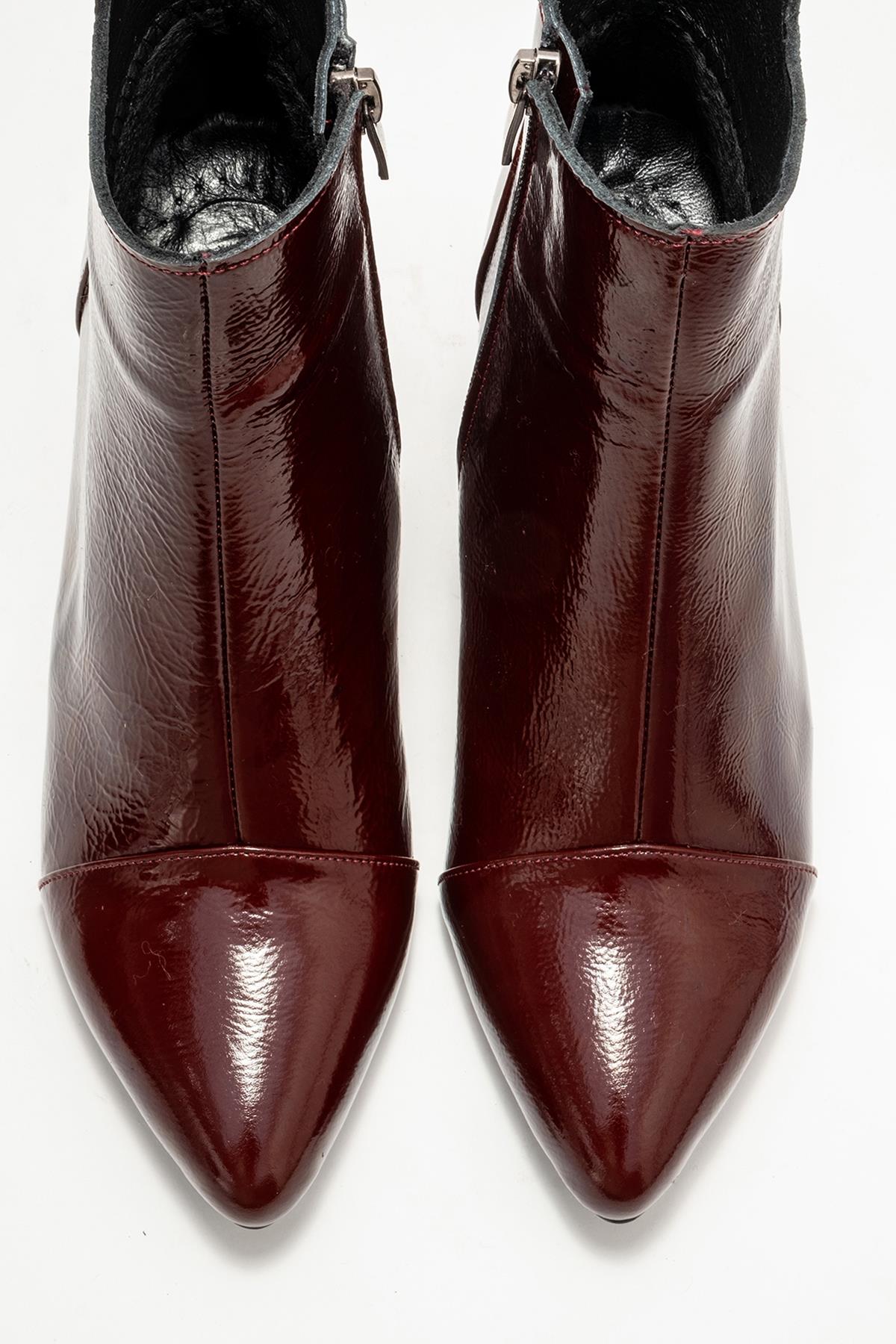 Gael - Burgundy Patent Genuine Leather Block Heel Boot – side view showing leather, Vowalisse