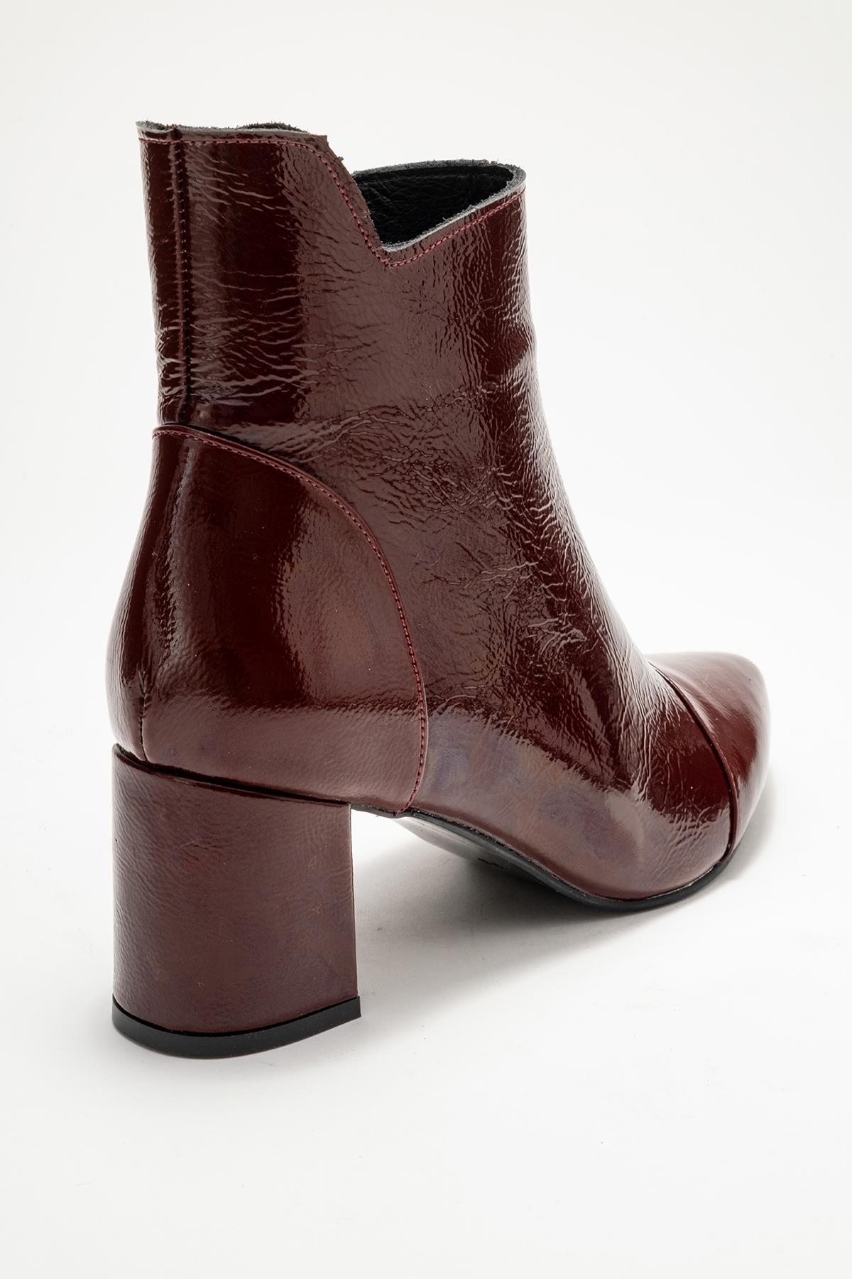 Gael - Burgundy Patent Genuine Leather Block Heel Boot – back view showing leather, Vowalisse