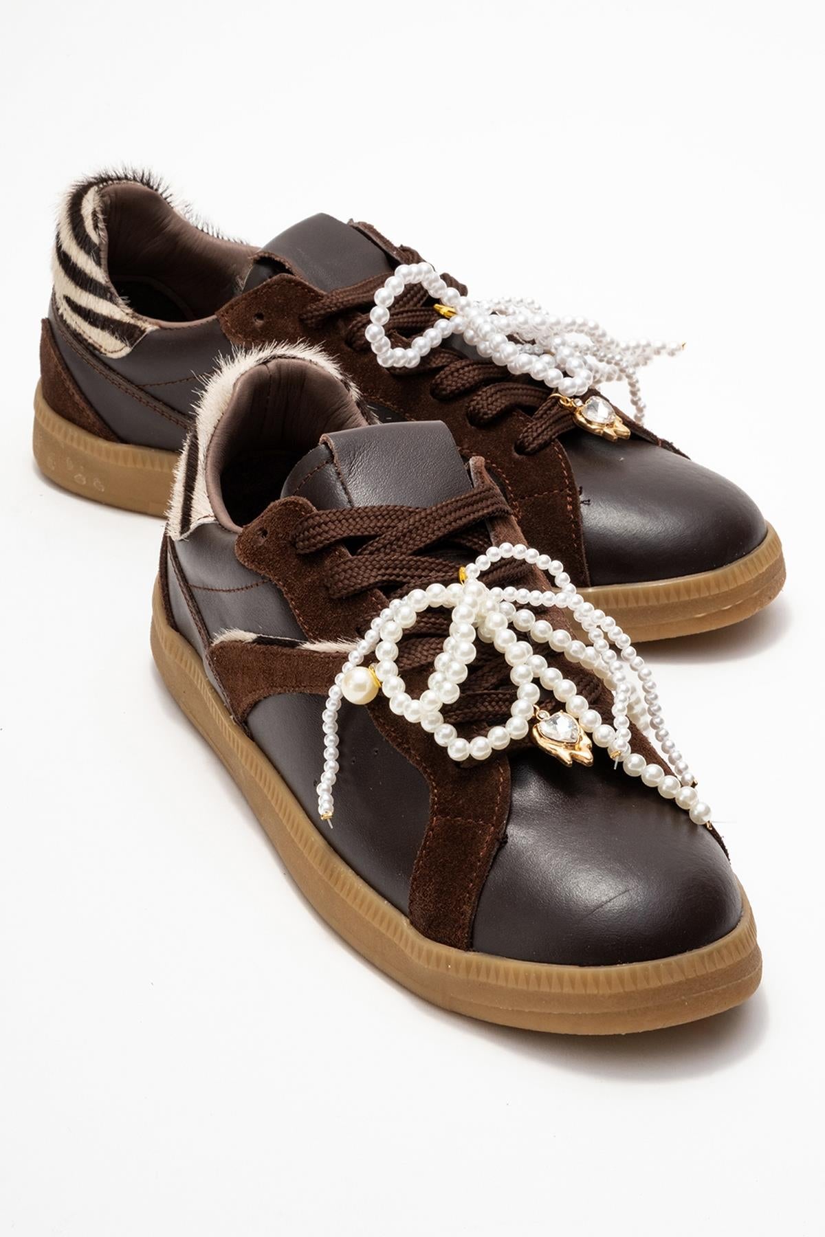 Taren - Brown Genuine Leather Pearl Buckle Casual Sneaker – front three-quarter view showing pearl, leather, red, Vowalisse