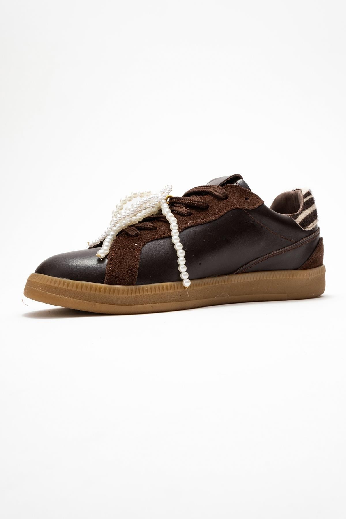 Taren - Brown Genuine Leather Pearl Buckle Casual Sneaker – heel view showing pearl, leather, red, Vowalisse