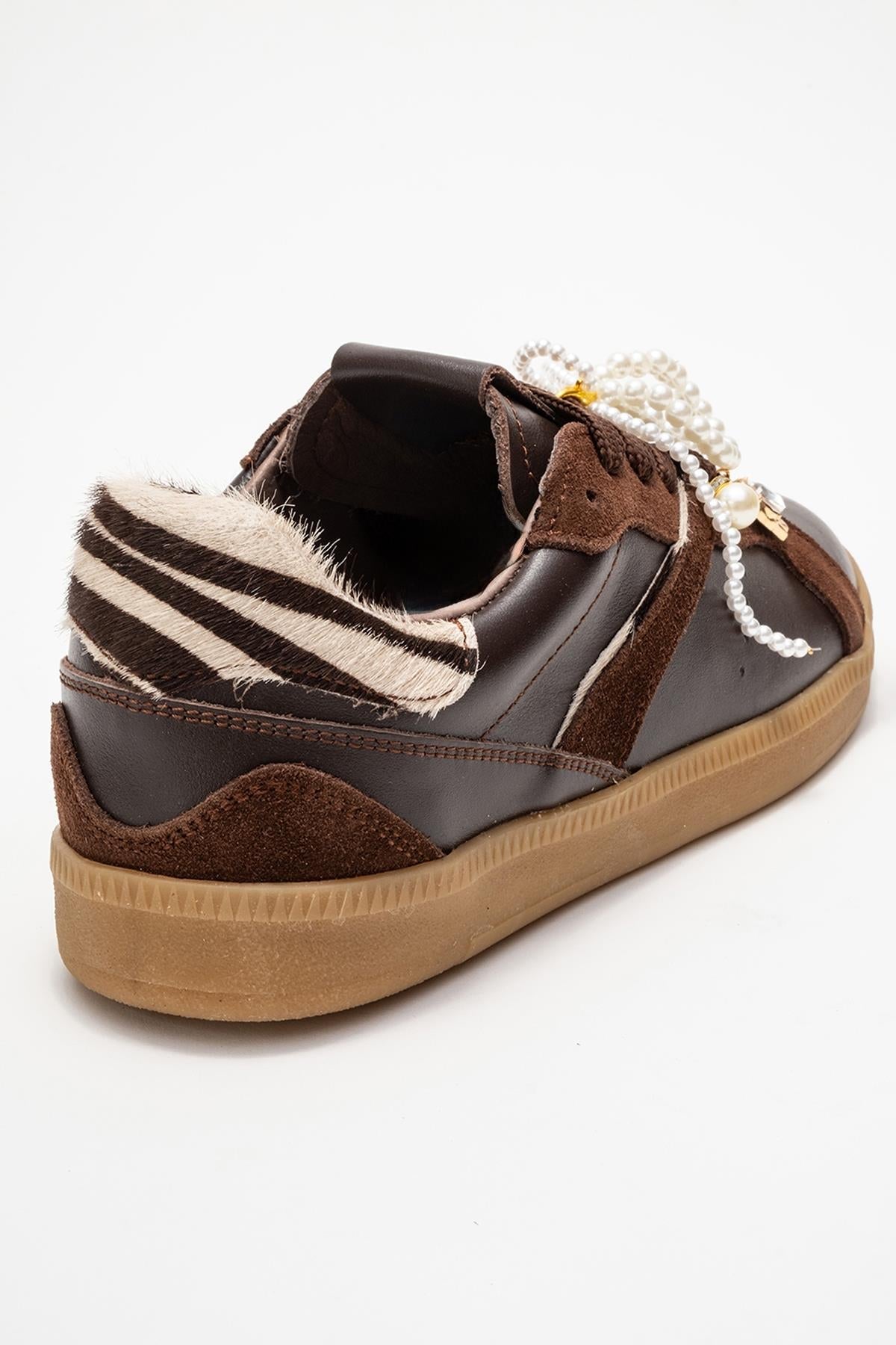 Taren - Brown Genuine Leather Pearl Buckle Casual Sneaker – back view showing pearl, leather, red, Vowalisse