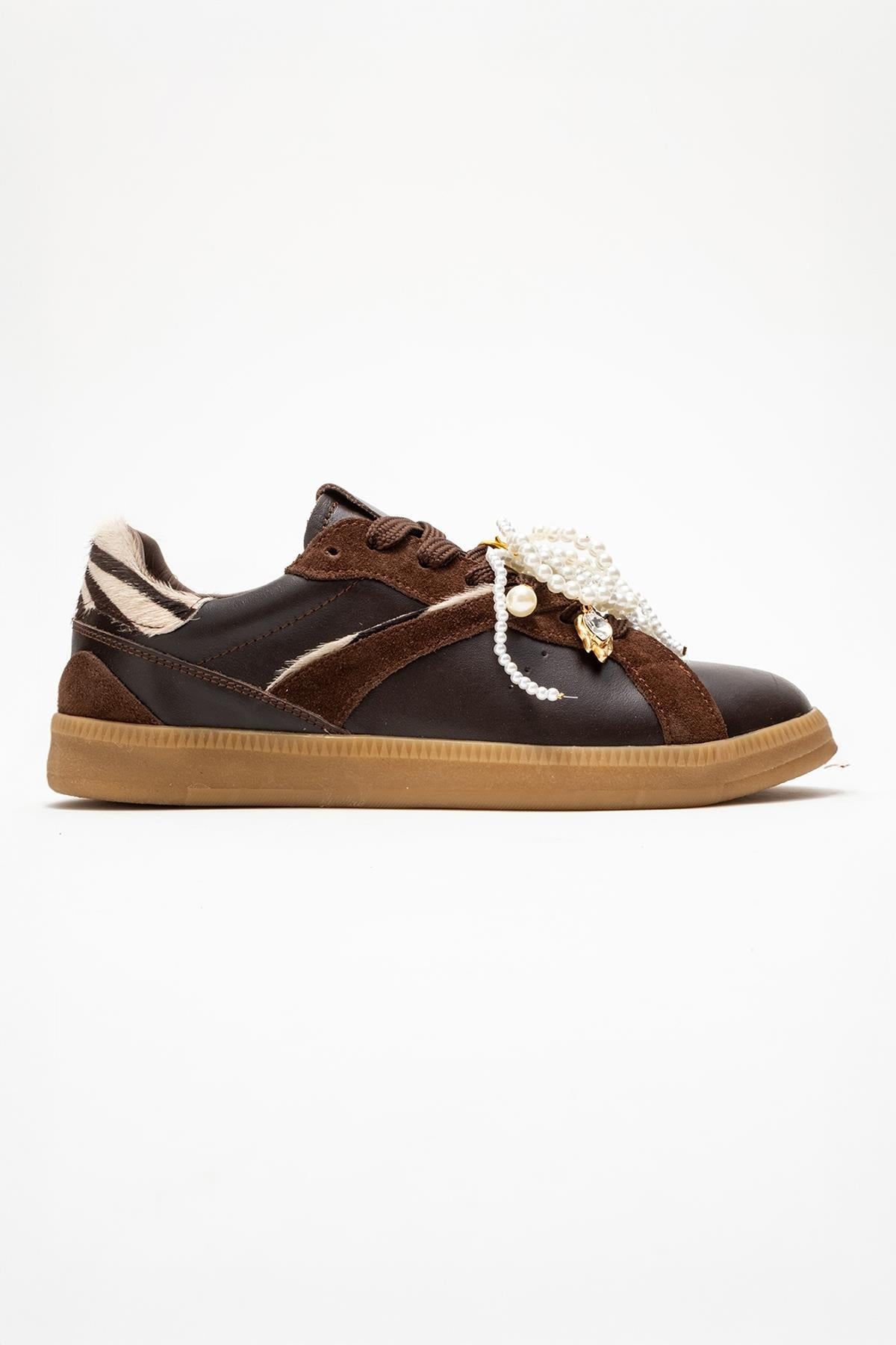 Taren - Brown Genuine Leather Pearl Buckle Casual Sneaker – top view showing pearl, leather, red, Vowalisse