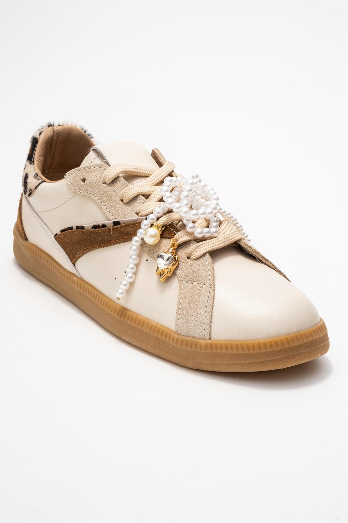 Taren - Beige Genuine Leather Pearl Buckle Casual Sneaker – detail view showing pearl, leather, Vowalisse