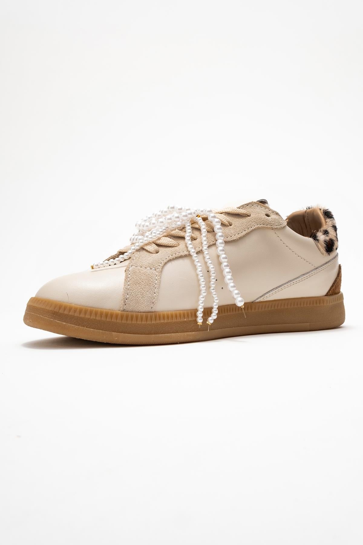 Taren - Beige Genuine Leather Pearl Buckle Casual Sneaker – heel view showing pearl, leather, Vowalisse