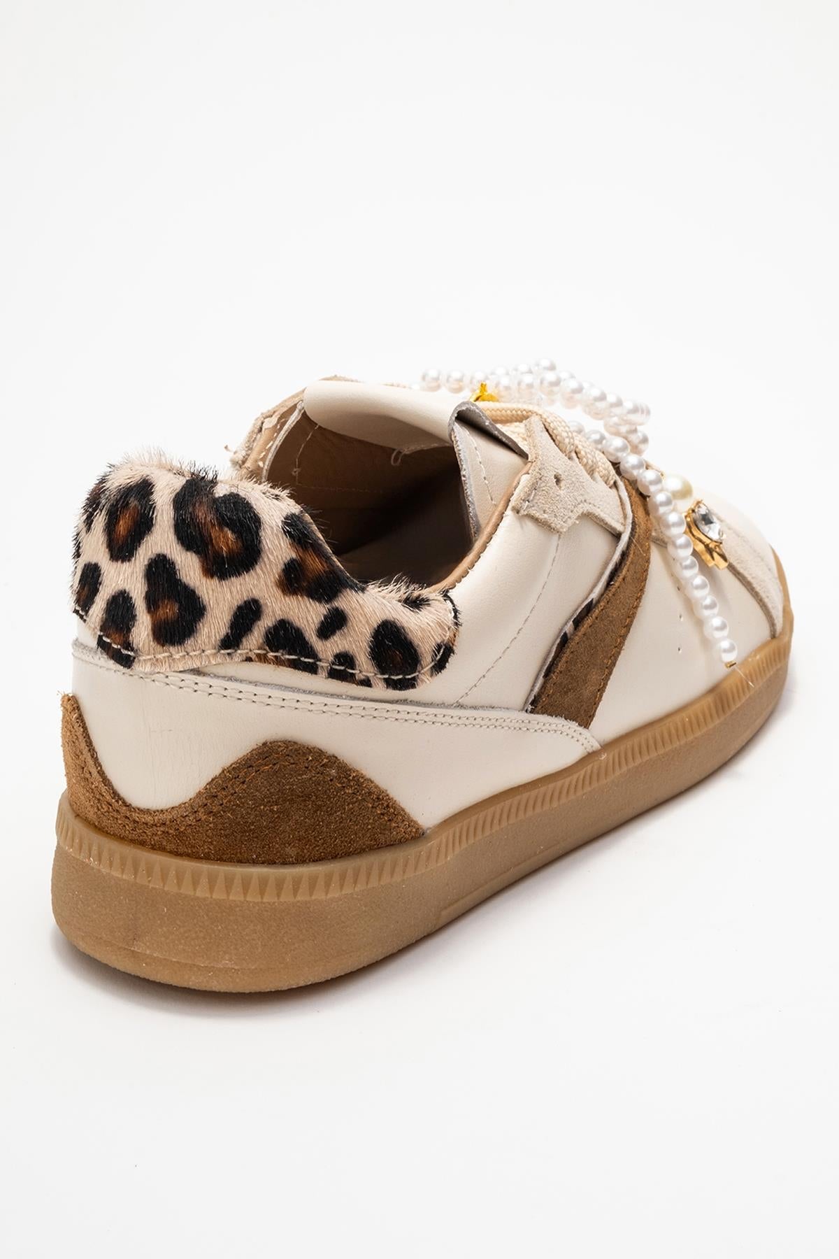 Taren - Beige Genuine Leather Pearl Buckle Casual Sneaker – back view showing pearl, leather, Vowalisse
