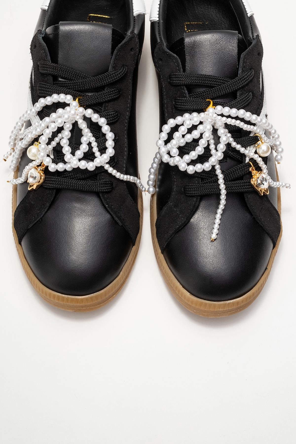 Taren - Black Genuine Leather Pearl Buckle Casual Sneaker – side view showing pearl, leather, black, Vowalisse