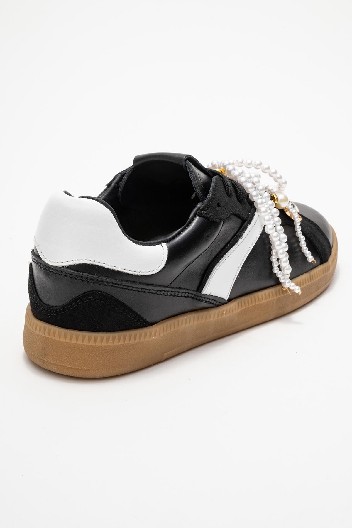 Taren - Black Genuine Leather Pearl Buckle Casual Sneaker – back view showing pearl, leather, black, Vowalisse