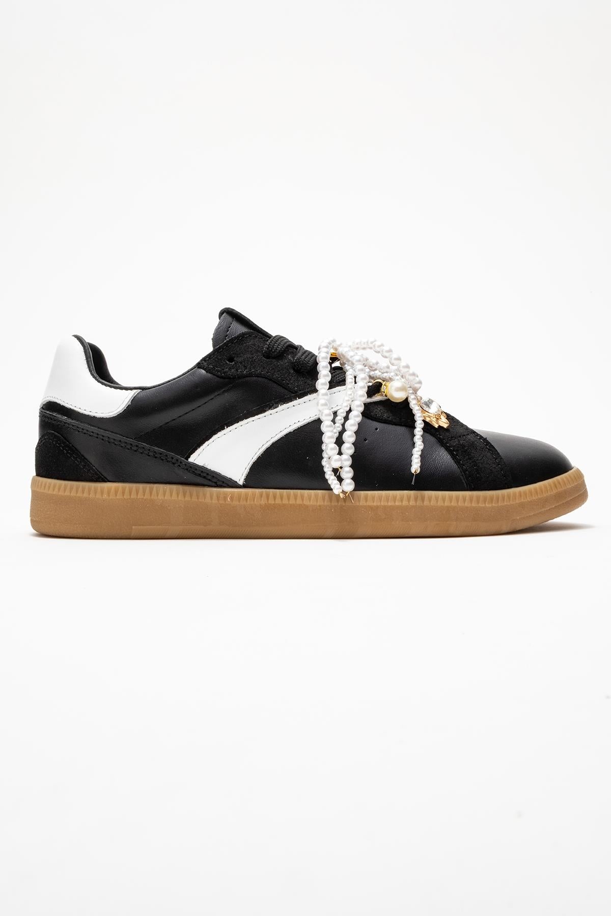 Taren - Black Genuine Leather Pearl Buckle Casual Sneaker – top view showing pearl, leather, black, Vowalisse