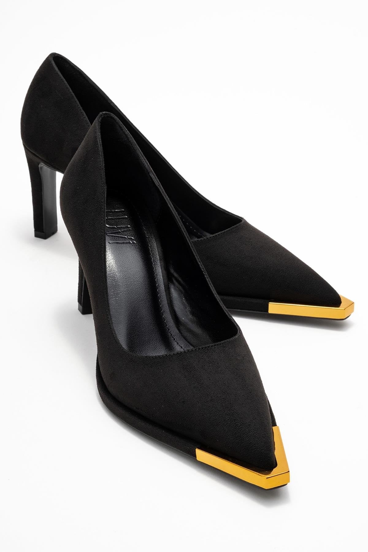 Liora - Black Suede Gold-Detail Block Heel Pump – front three-quarter view showing leather, suede, black, Vowalisse
