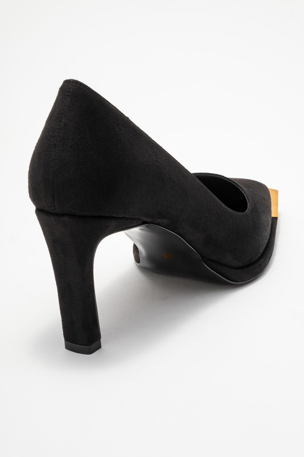 Liora - Black Suede Gold-Detail Block Heel Pump – back view showing leather, suede, black, Vowalisse