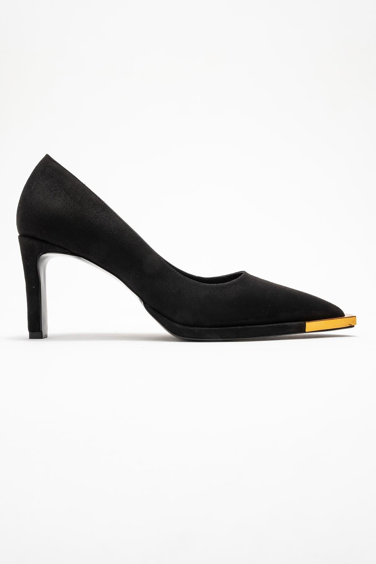 Liora - Black Suede Gold-Detail Block Heel Pump – top view showing leather, suede, black, Vowalisse