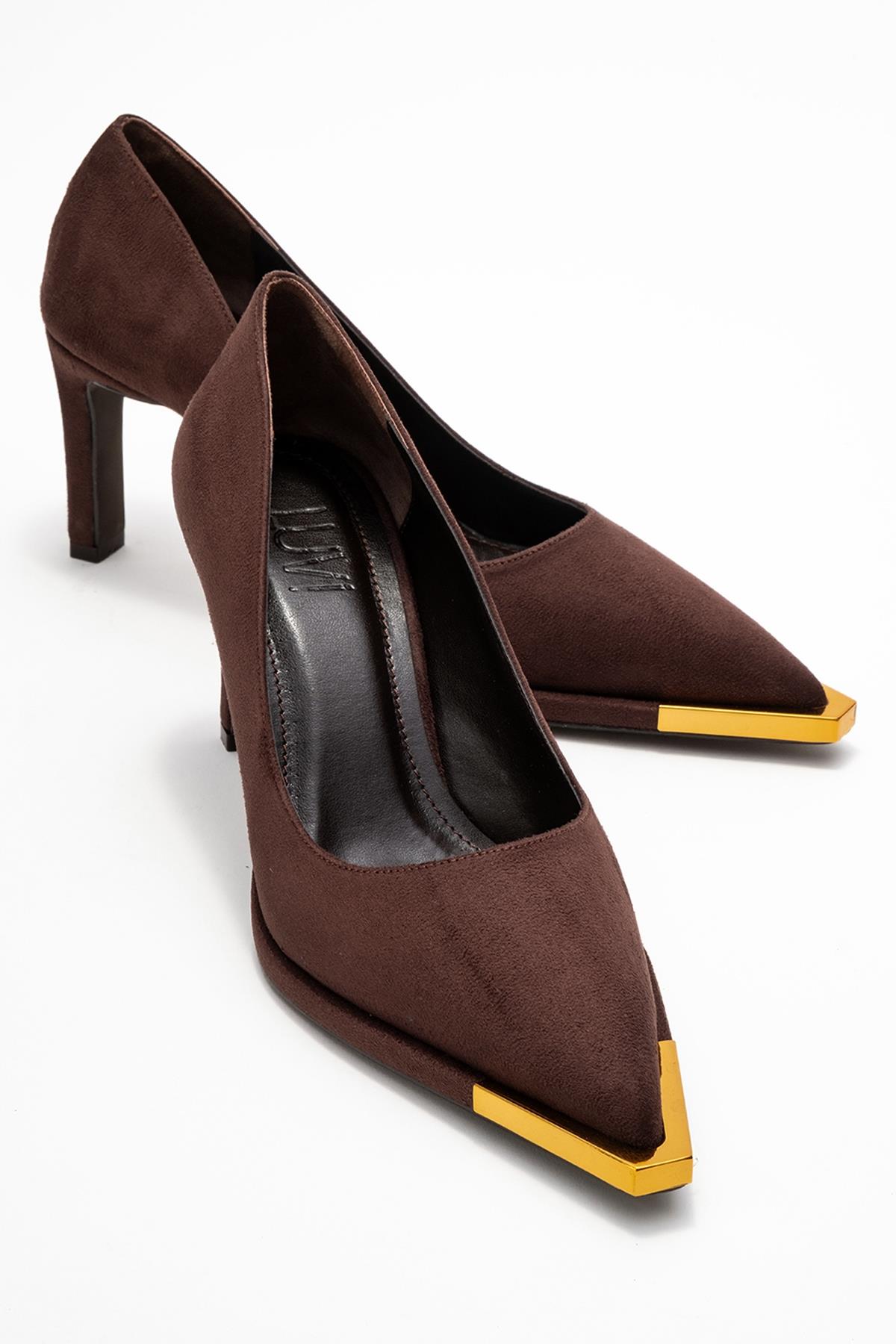 Liora - Brown Suede Gold-Detail Block Heel Pump – front three-quarter view showing leather, suede, gold, Vowalisse