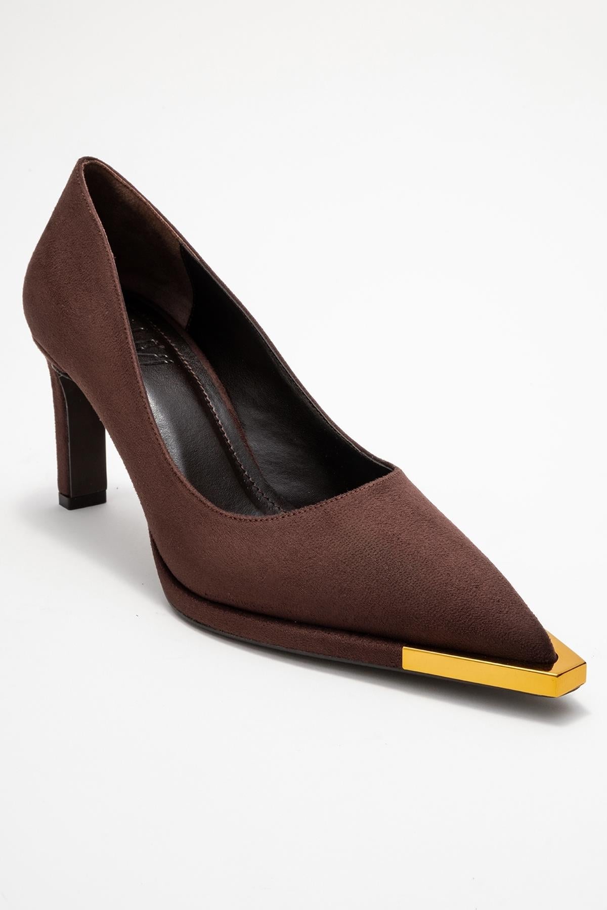 Liora - Brown Suede Gold-Detail Block Heel Pump – detail view showing leather, suede, gold, Vowalisse