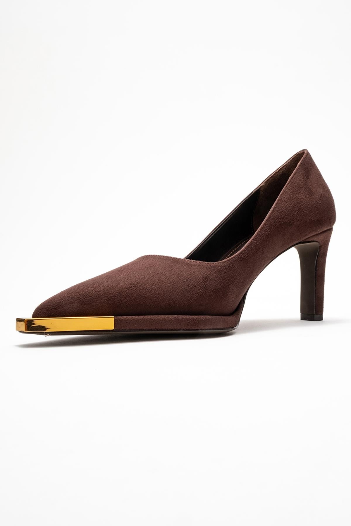 Liora - Brown Suede Gold-Detail Block Heel Pump – heel view showing leather, suede, gold, Vowalisse