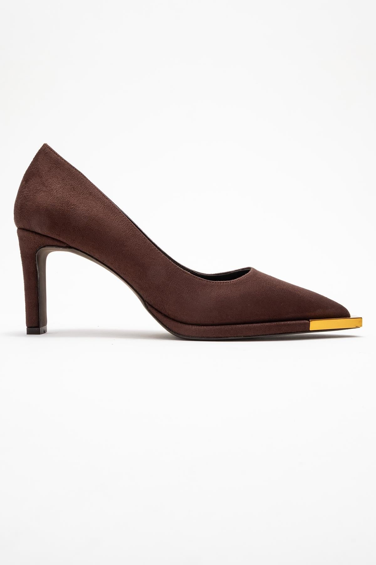 Liora - Brown Suede Gold-Detail Block Heel Pump – top view showing leather, suede, gold, Vowalisse