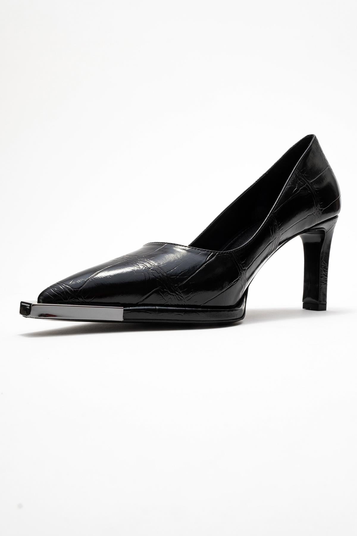 Liora - Black Printed Platinum-Detail Block Heel Pump – heel view showing leather, metallic, black, Vowalisse