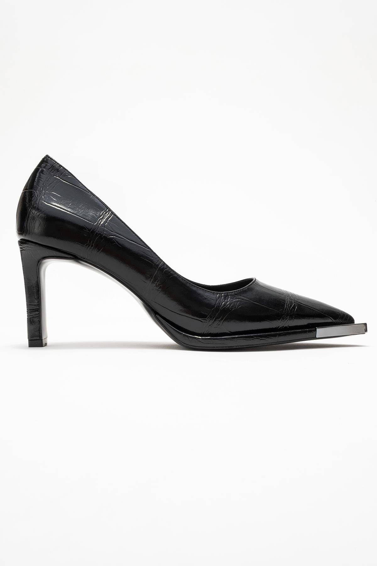 Liora - Black Printed Platinum-Detail Block Heel Pump – top view showing leather, metallic, black, Vowalisse