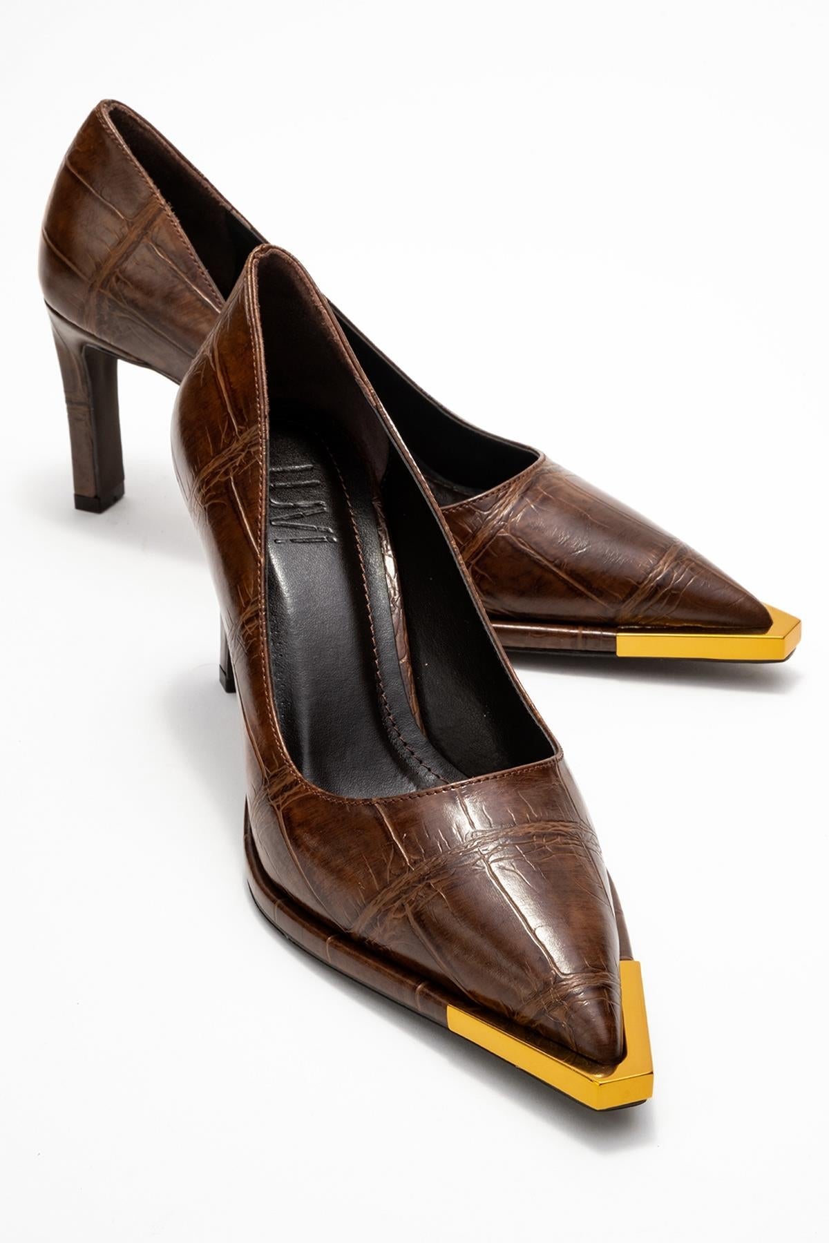 Liora - Brown Printed Gold-Detail Block Heel Pump – front three-quarter view showing leather, metallic, gold, Vowalisse