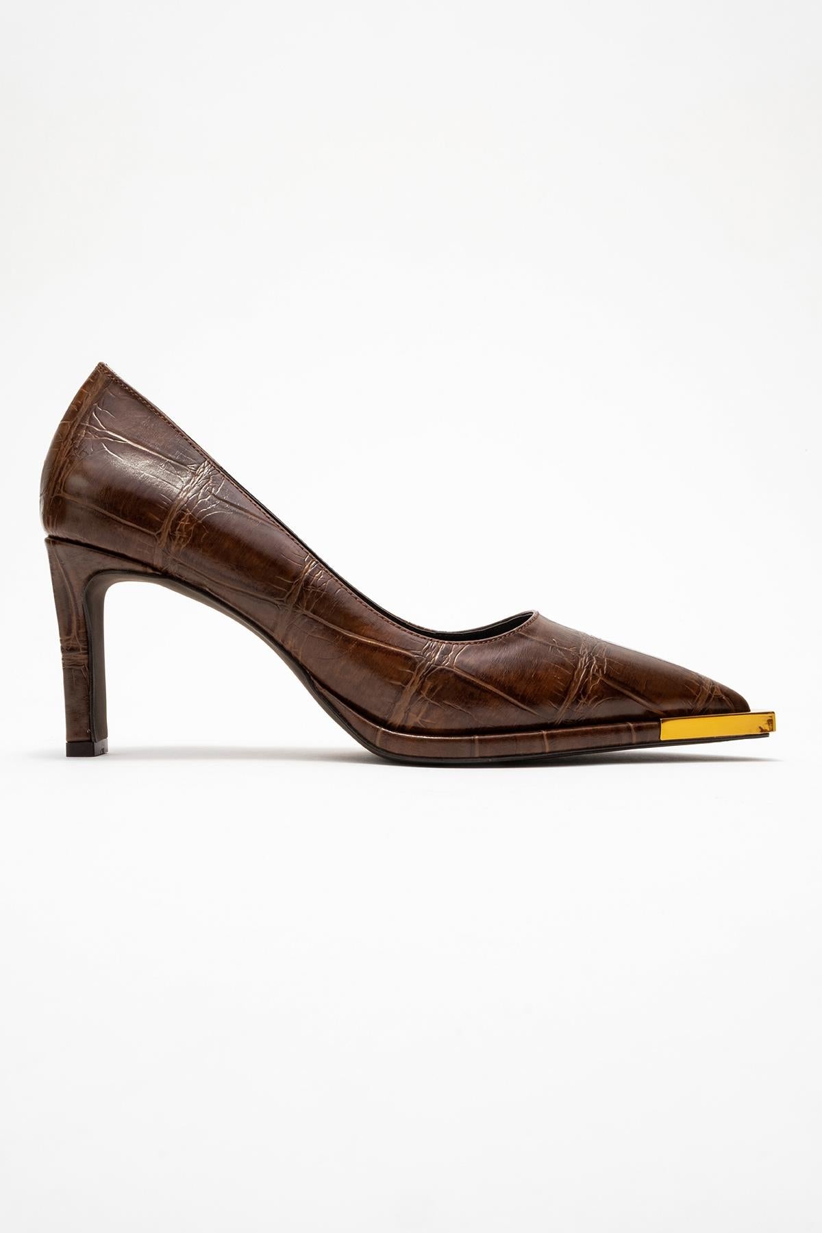 Liora - Brown Printed Gold-Detail Block Heel Pump – top view showing leather, metallic, gold, Vowalisse