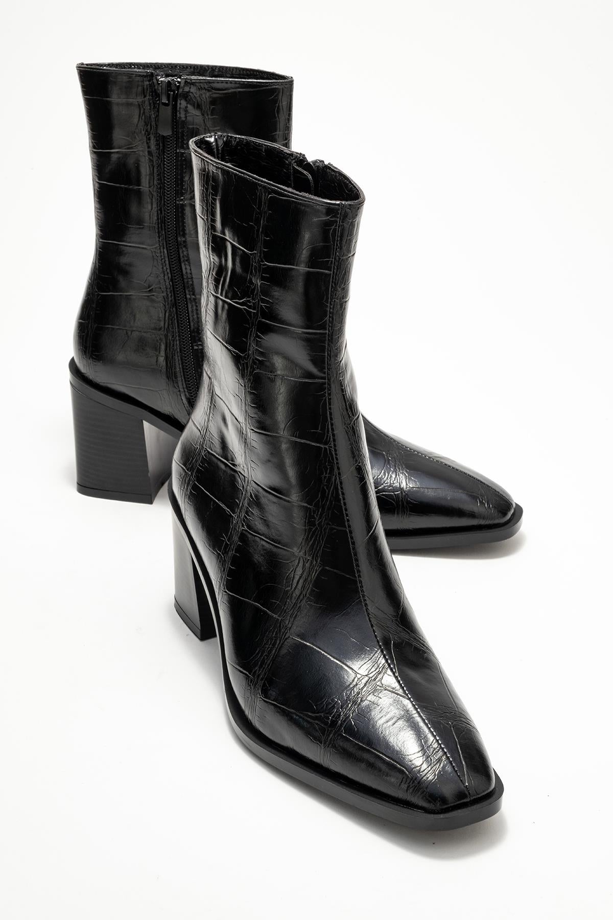 Chara - Black Croc-Embossed Block Heel Boot – front three-quarter view showing leather, black, Vowalisse