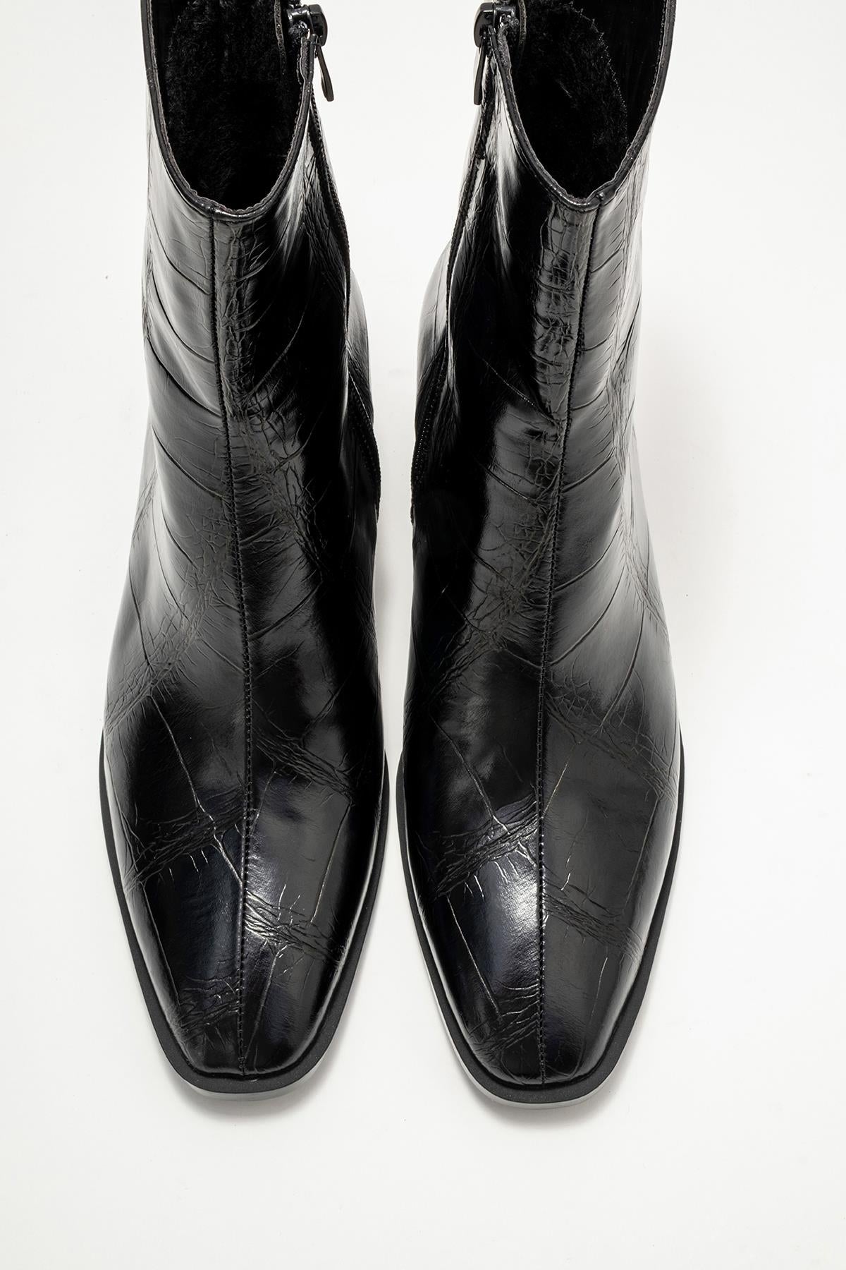 Chara - Black Croc-Embossed Block Heel Boot – side view showing leather, black, Vowalisse
