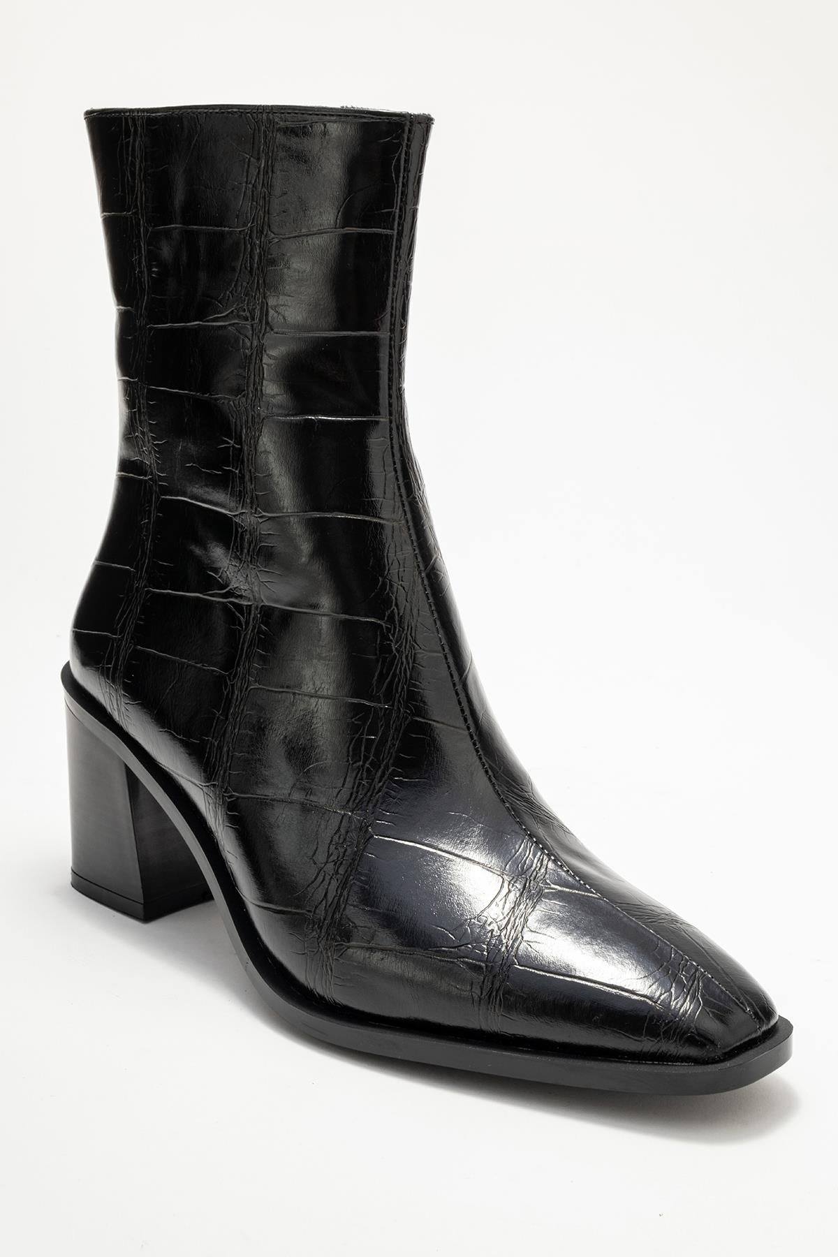 Chara - Black Croc-Embossed Block Heel Boot – detail view showing leather, black, Vowalisse