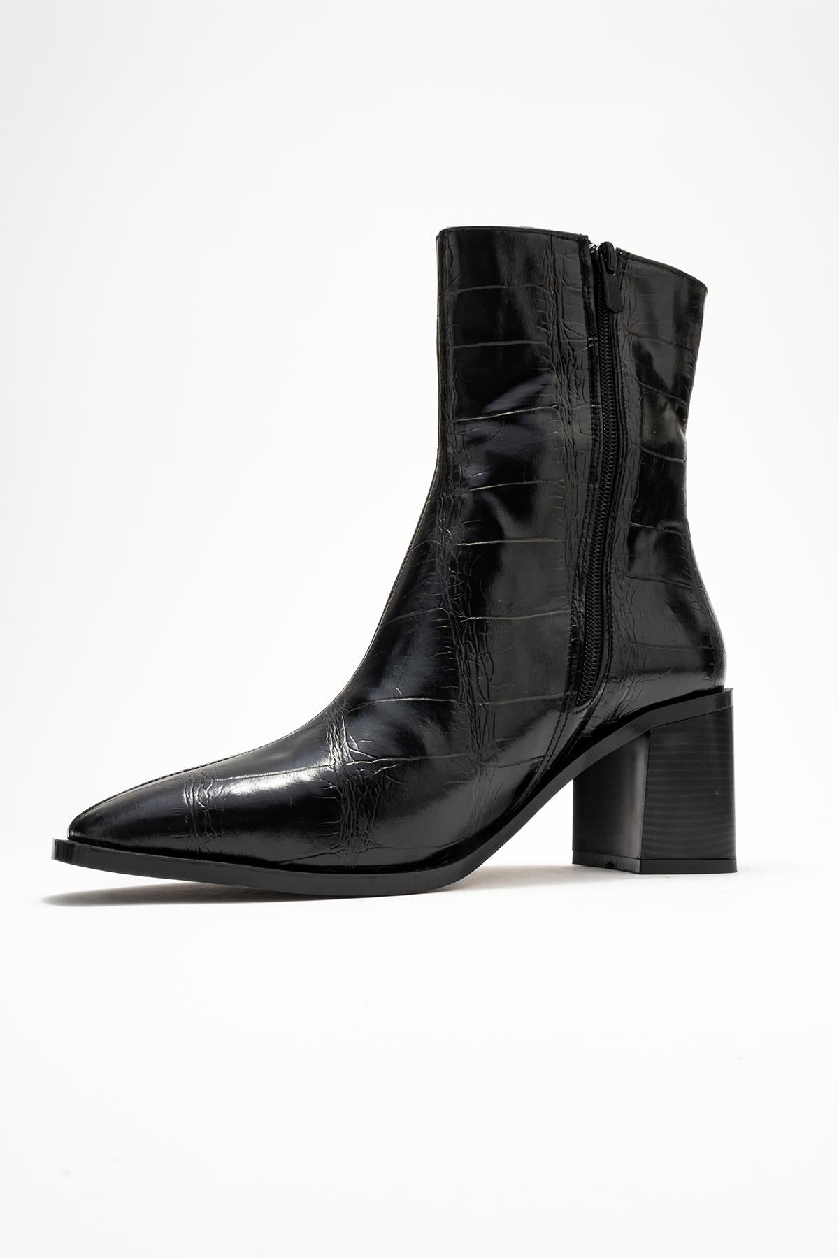 Chara - Black Croc-Embossed Block Heel Boot – heel view showing leather, black, Vowalisse