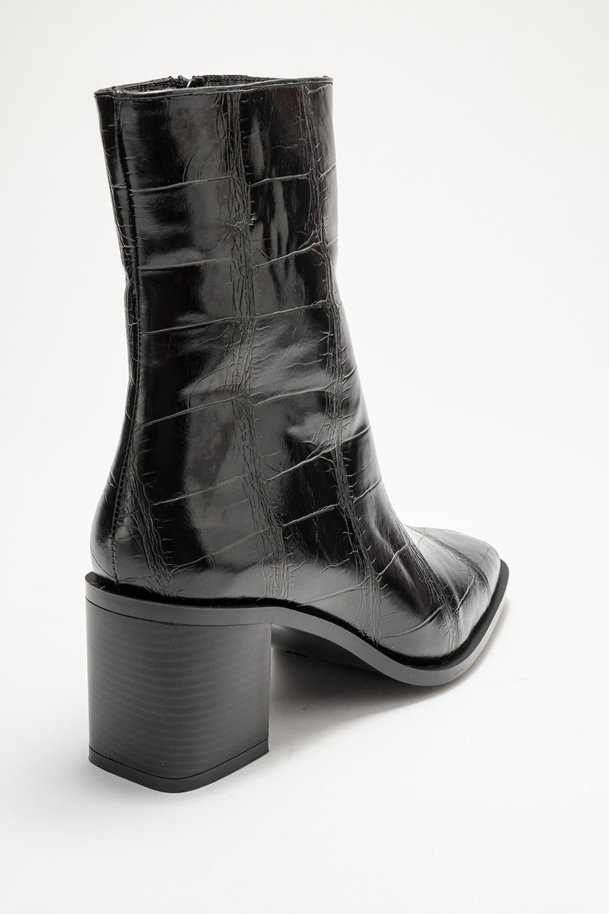 Chara - Black Croc-Embossed Block Heel Boot – back view showing leather, black, Vowalisse