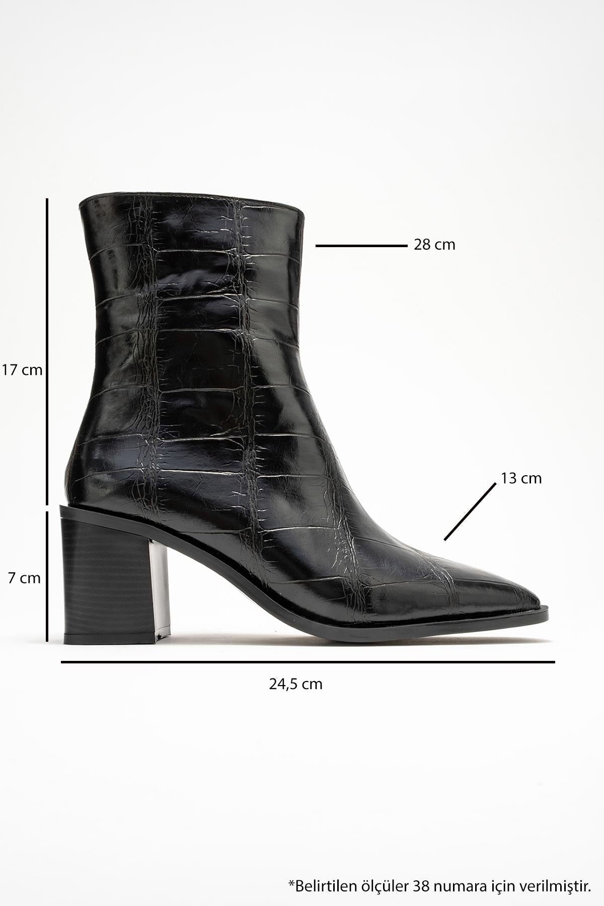 Chara - Black Croc-Embossed Block Heel Boot – top view showing leather, black, Vowalisse