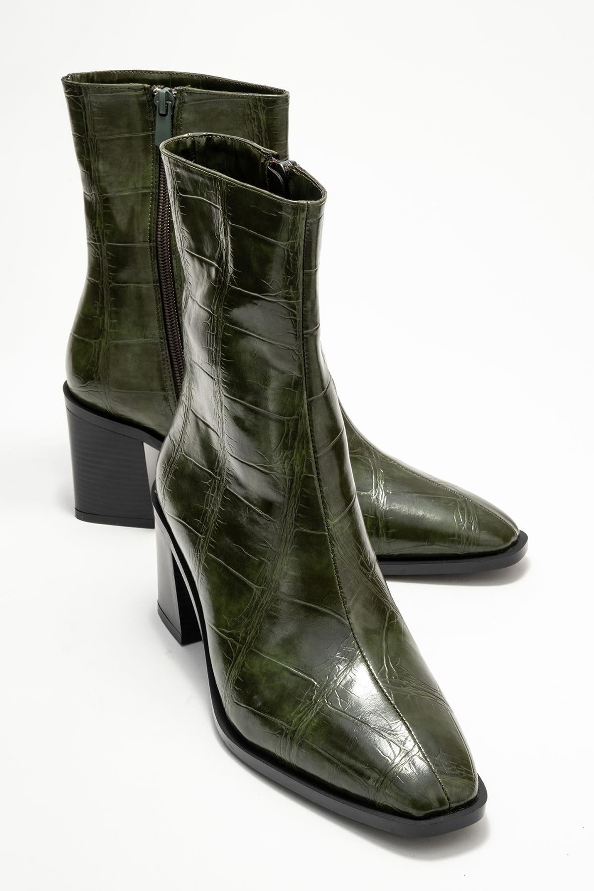 Chara - Green Printed Block Heel Boot – front three-quarter view showing leather, red, green, Vowalisse