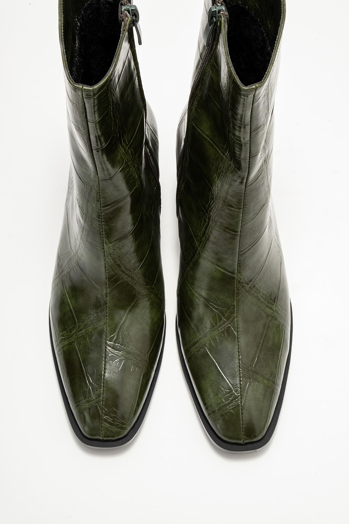 Chara - Green Printed Block Heel Boot – side view showing leather, red, green, Vowalisse