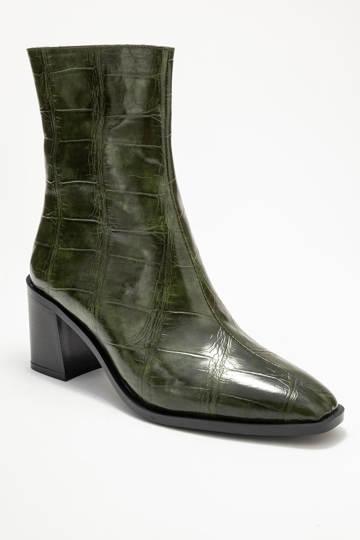 Chara - Green Printed Block Heel Boot – detail view showing leather, red, green, Vowalisse