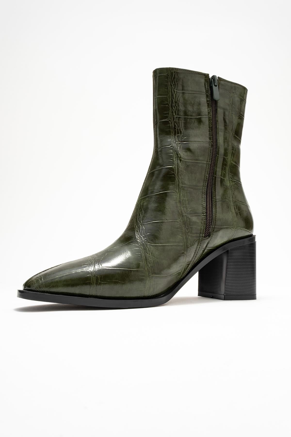 Chara - Green Printed Block Heel Boot – heel view showing leather, red, green, Vowalisse