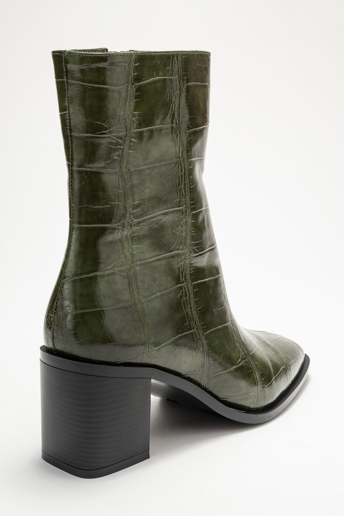 Chara - Green Printed Block Heel Boot – back view showing leather, red, green, Vowalisse